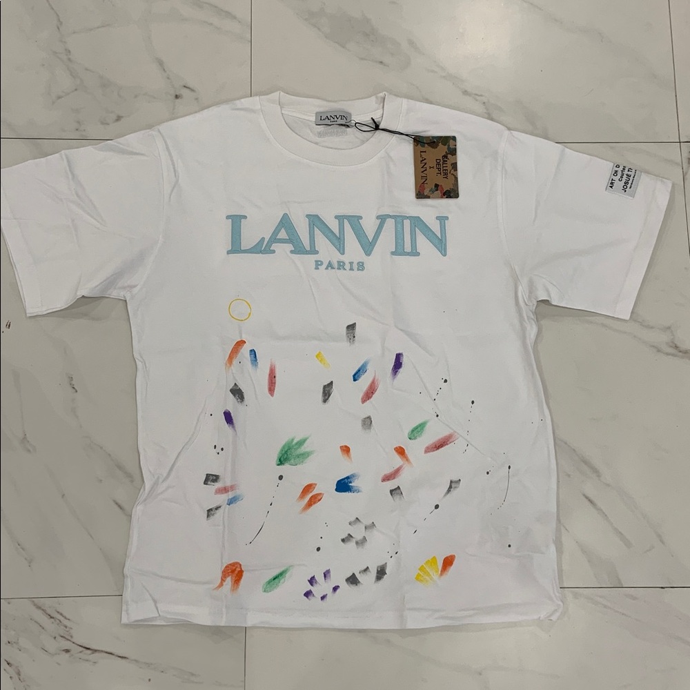 LANVIN Paris White Painted T-Shirt Blue Logo Men’s size Large